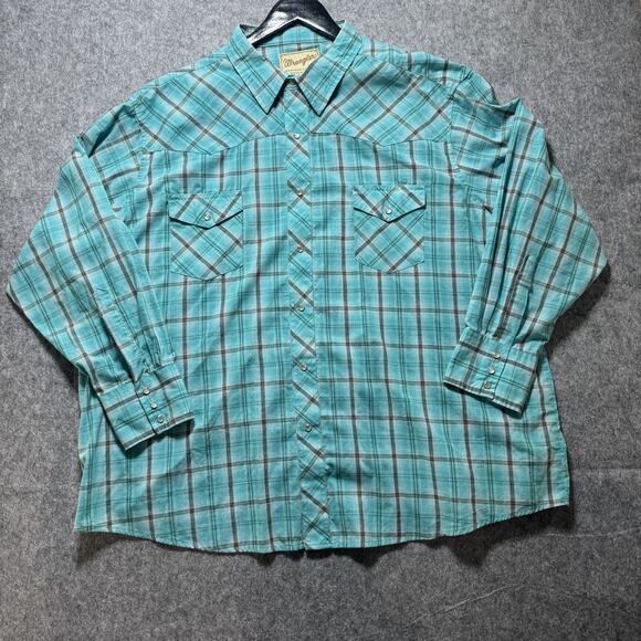 Wrangler Other - Wrangler Shirt Mens 3XL Blue Plaid Western‎ Snap Pearl Pockets Cowboy Rodeo